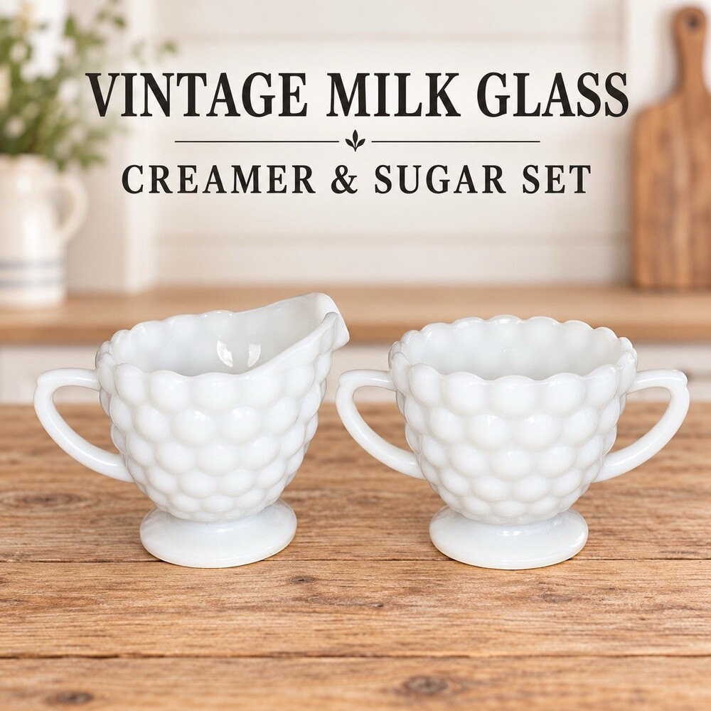 Vintage Westmoreland Beaded Grape Milk Glass Creamer Open Sugar Bowl Set